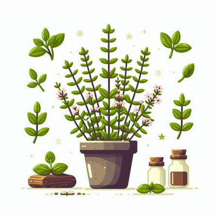 Plant in a pot with herbs and essential oil. Vector illustration.のイラスト素材