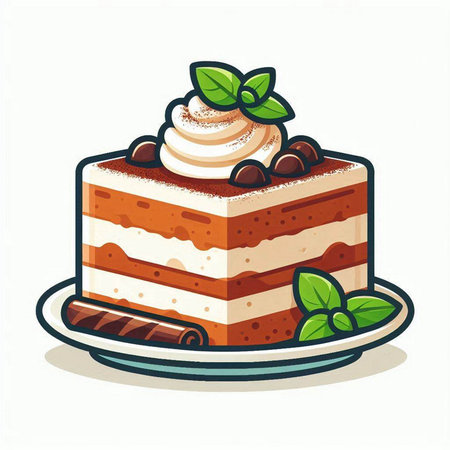 Piece of cake with whipped cream and mint. Vector illustration.のイラスト素材