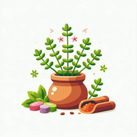 Flowerpot with plants and spices. Vector illustration in flat styleのイラスト素材