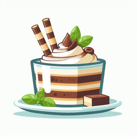 Vector illustration of a cup of coffee with whipped cream, chocolate and mintのイラスト素材