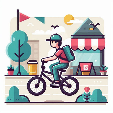 Delivery man riding bicycle in city street. Vector illustration in flat styleのイラスト素材