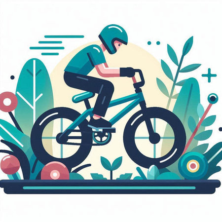 Cyclist riding a bicycle in the park, flat vector illustration.のイラスト素材