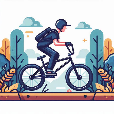 Cyclist riding bike in park. Flat style vector illustration.のイラスト素材