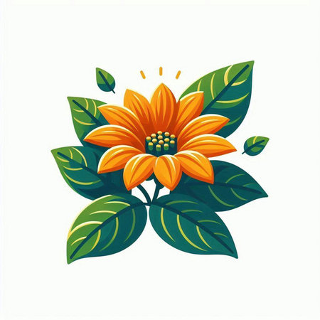 Orange flower with green leaves on a white background. Vector illustration.のイラスト素材