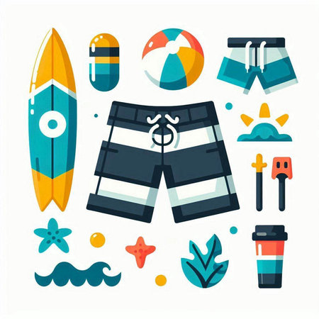 Set of summer beach elements. Vector illustration in flat cartoon style.のイラスト素材