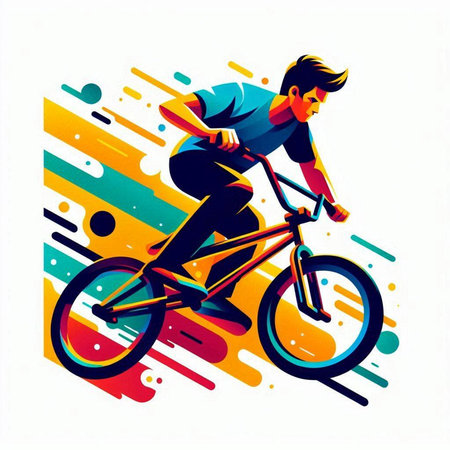 Cyclist riding a bicycle on colorful background. Vector illustration.のイラスト素材