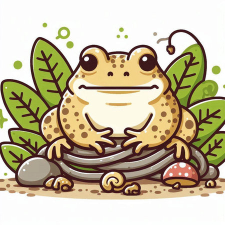 Frog sitting on a rock surrounded by leaves. Vector illustration.のイラスト素材