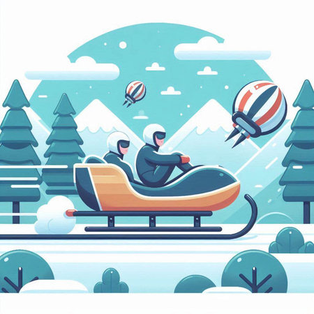 Winter landscape with snowman and sledding. Vector illustration in flat styleのイラスト素材