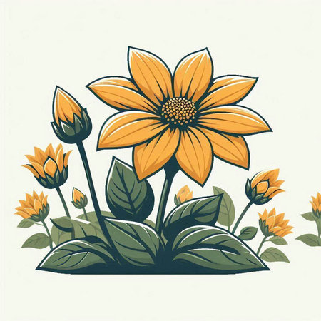 Vector illustration of a stylized yellow flower with green leaves on a white backgroundのイラスト素材
