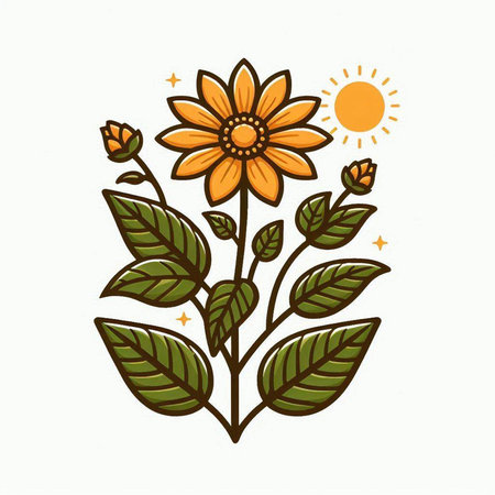 Cute hand drawn sunflower with green leaves. Vector illustration.のイラスト素材