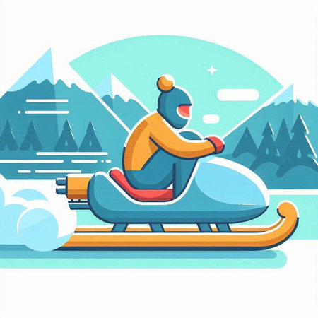 Snowboarder rides on a snowmobile. Vector illustration in flat styleのイラスト素材