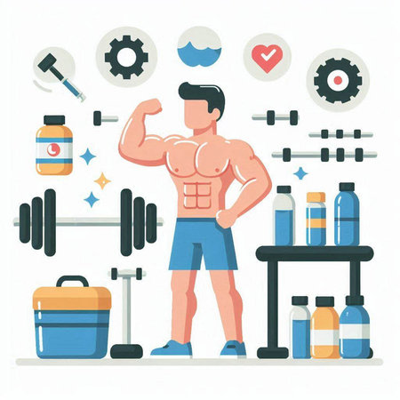 Muscular man with dumbbells and sport equipment. Vector illustrationのイラスト素材