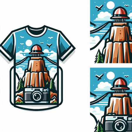 Vector illustration of a set of t-shirt design templates with mountains, trees, lighthouse and flying birdsのイラスト素材