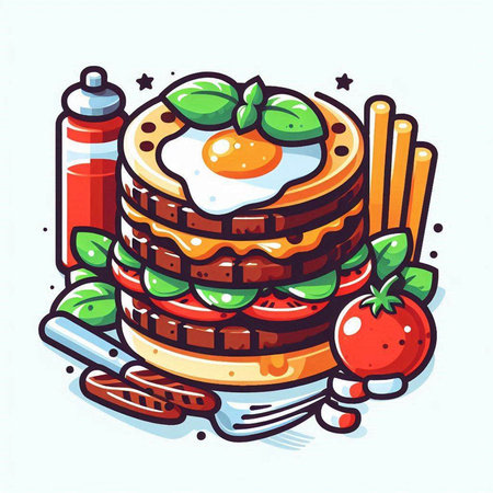Illustration of a stack of pancakes with fried egg, tomato and basilのイラスト素材