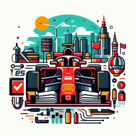 Racing car in the city. Vector illustration of the city.のイラスト素材