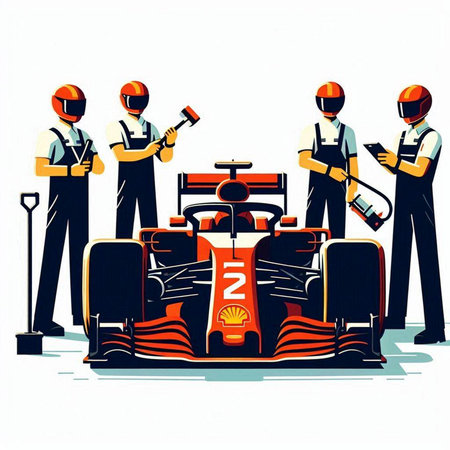 Vector illustration of the team of engineers with a racing car on a white backgroundのイラスト素材