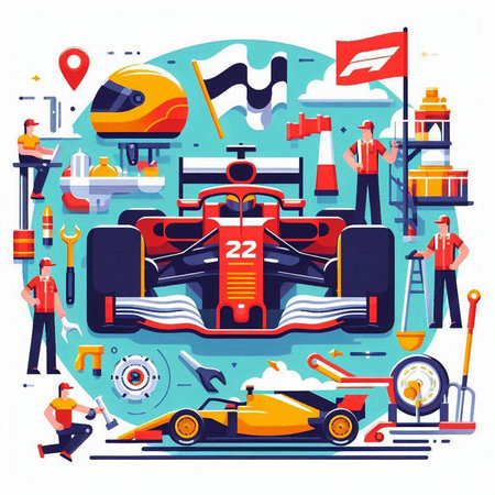 Vector illustration of racing car. Flat style design with elements of race car, driver, driver, racer, speedometer, gearbox, helmet, stopwatch, flag, place for text.のイラスト素材