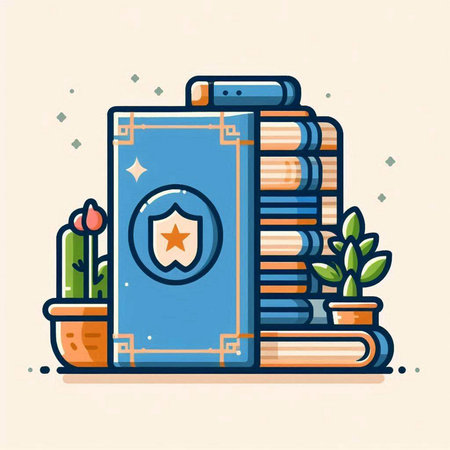 Vector illustration of a book with a shield, cactus and books.のイラスト素材
