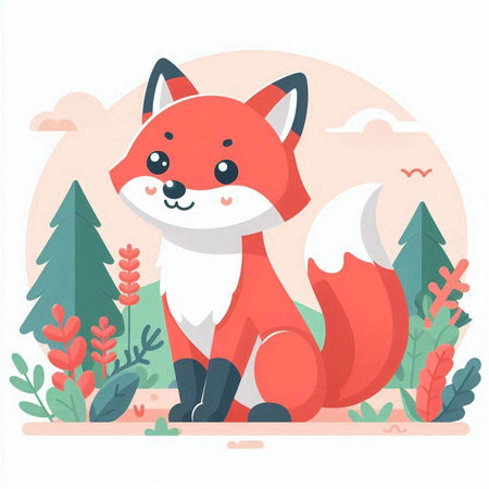 Cute fox character sitting on the ground in the forest. Vector illustrationのイラスト素材