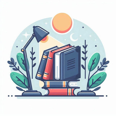 Flat design vector illustration concept of education and knowledge with books, lamp and plants.のイラスト素材
