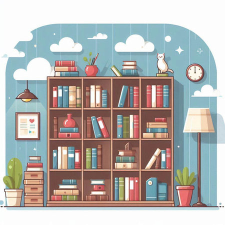 Bookshelf with books and accessories. Vector illustration in flat styleのイラスト素材