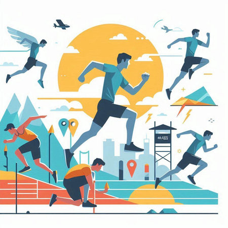 Vector illustration of running people. Flat design of running people, men and women.のイラスト素材