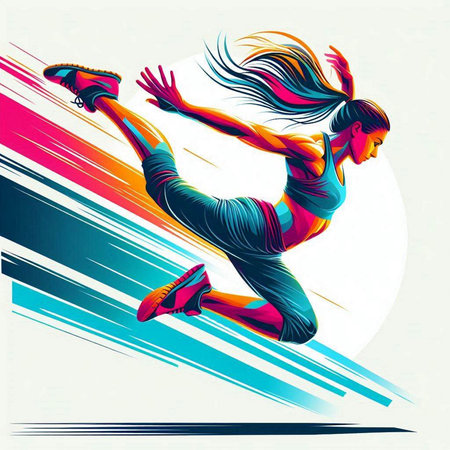 Sporty young woman running. Vector illustration. Colorful background.のイラスト素材