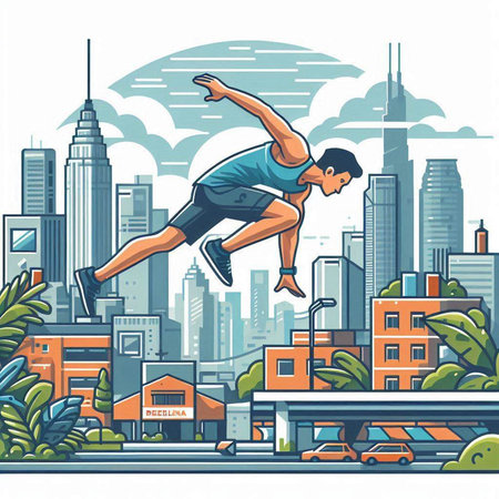 Vector illustration of a man jumping over a bridge in a city.のイラスト素材