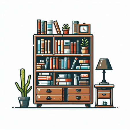 Vector illustration of a bookshelf with books, lamp and plants.のイラスト素材