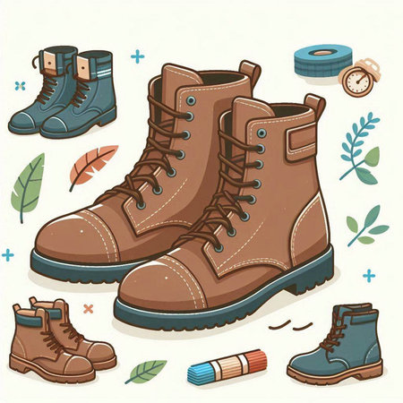 Hiking boots and accessories. Vector illustration of hiking boots and accessories.のイラスト素材