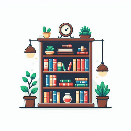 Bookshelf with books, potted plants and clock. Vector illustration.のイラスト素材