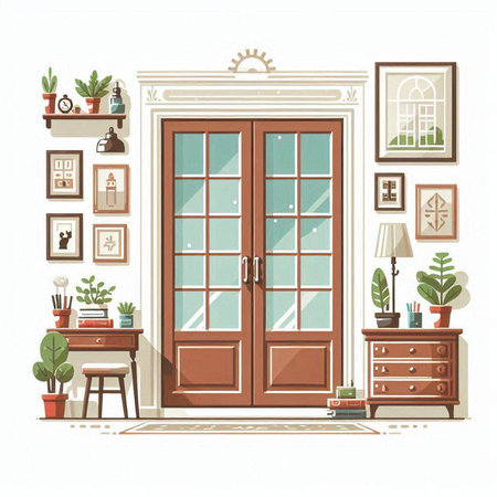 Vector illustration of interior design with wooden door, furniture and plants.のイラスト素材