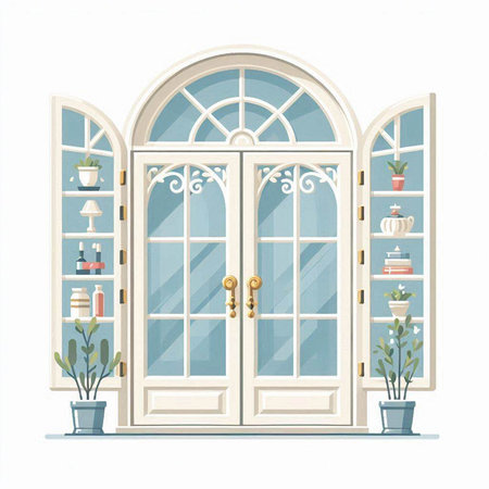 Vector illustration of a white wooden door with decorative elements in the interiorのイラスト素材
