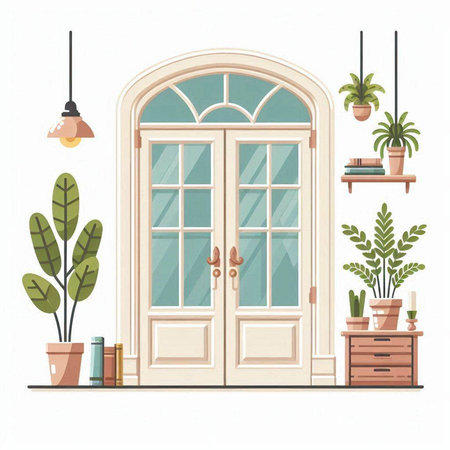 Vector illustration of a room with a wooden door, plants and lampsのイラスト素材