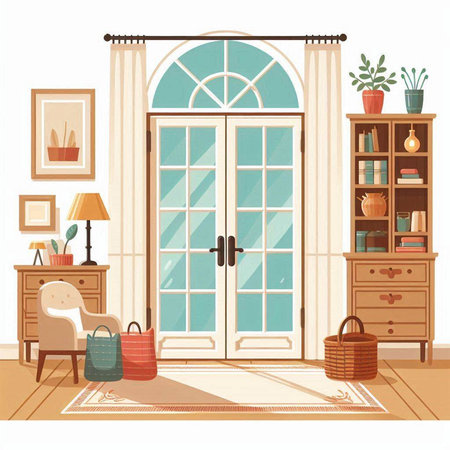 Living room interior with furniture and window. Vector illustration in cartoon styleのイラスト素材