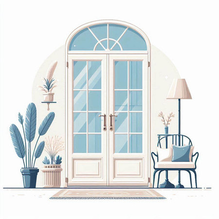 Vector illustration of the interior of the room with a door, a chair, a lamp and a plantのイラスト素材