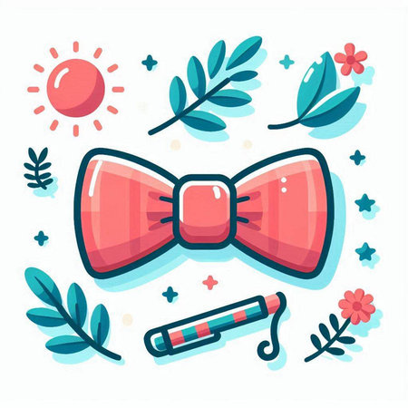 Vector illustration of pink bow tie in flat style with floral elements.のイラスト素材