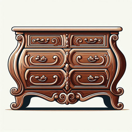 Vintage wooden chest of drawers with carved patterns. Vector illustration.のイラスト素材