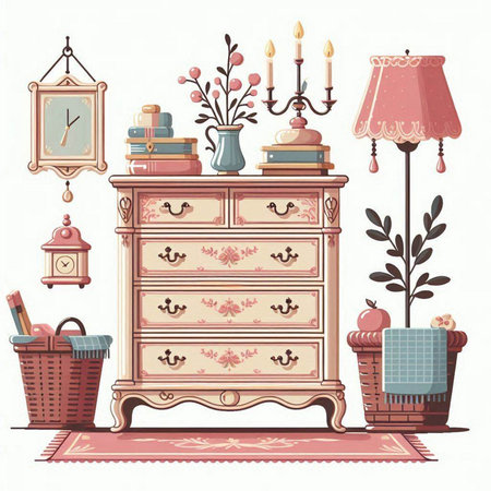 Illustration of a vintage chest of drawers with various items.のイラスト素材