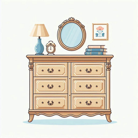 Vector illustration of a vintage chest of drawers with mirror, lamp and booksのイラスト素材