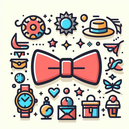 Vector line art illustration of bow tie, hat, watch, gift box and other elements.のイラスト素材