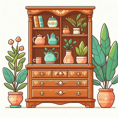 Cabinet with books, vases and plants. Vector illustration.のイラスト素材