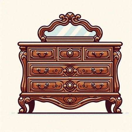 Vintage wooden chest of drawers. Hand drawn vector illustration.のイラスト素材