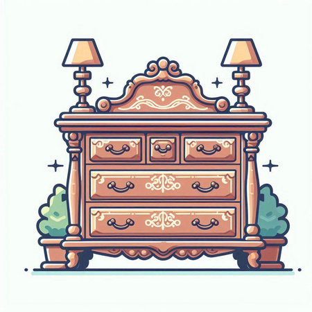 Illustration of a vintage wooden chest of drawers with a lamp in the background.のイラスト素材