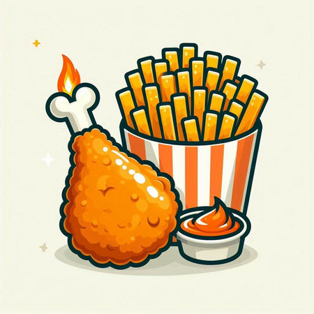 Illustration of fried chicken with french fries and ketchup. Vector illustrationのイラスト素材
