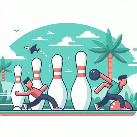 Vector illustration of people playing bowling on the beach. Flat style design.のイラスト素材
