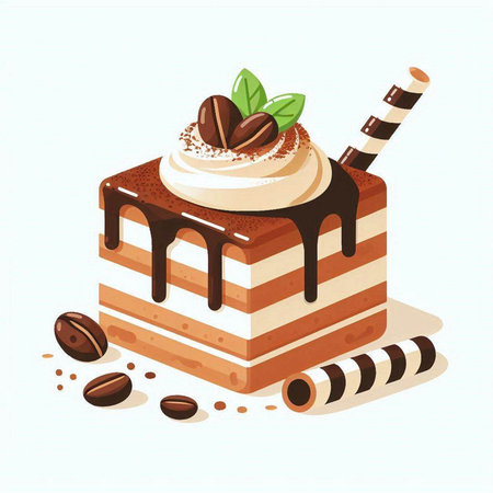Coffee cake with whipped cream and coffee beans. Vector illustration.のイラスト素材