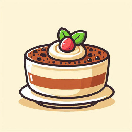 Chocolate cake with whipped cream and strawberries. Hand drawn vector illustration.のイラスト素材