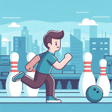 Young man playing bowling in the city. Flat style vector illustration.のイラスト素材