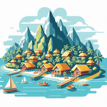 Tropical island with bungalows and boats. Vector illustrationのイラスト素材